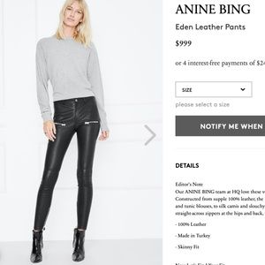 ANINE BING $999 Eden Leather Pants Small S